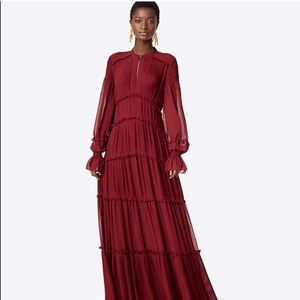 Tory Burch Stella Burgundy Ruffled Pleated Chiffon Maxi Dress Large 12